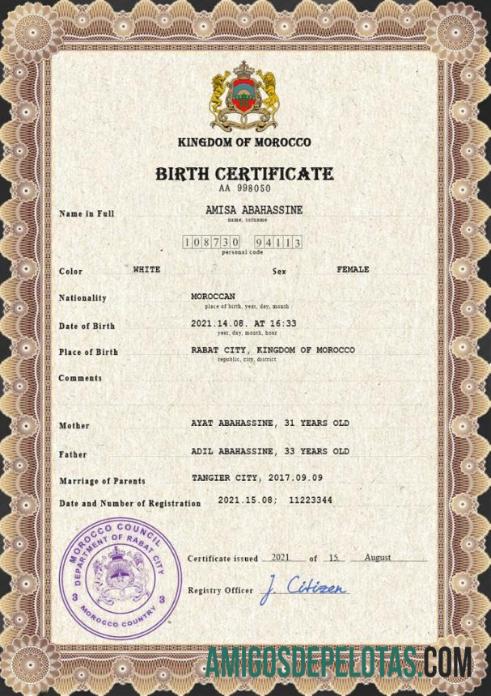 Realista modelo PSD de certidão de nascimento de registro vital de Marrocos